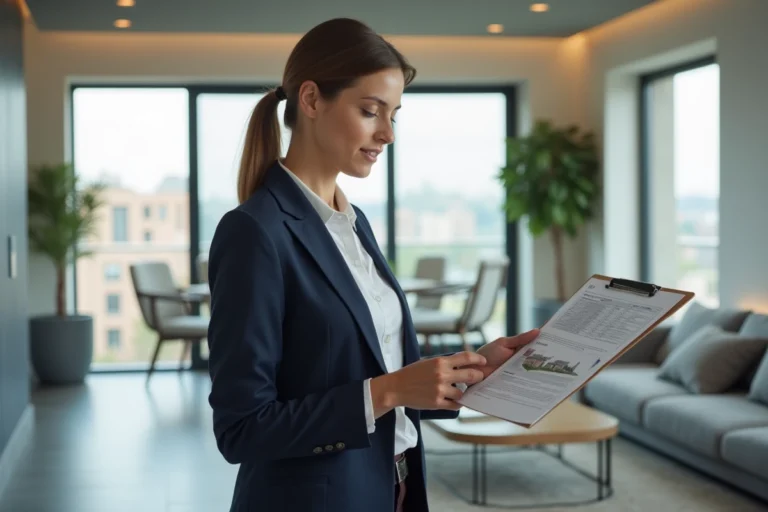 Agent immobilière analysant une estimation de bien dans un appartement moderne lors d'une visite professionnelle