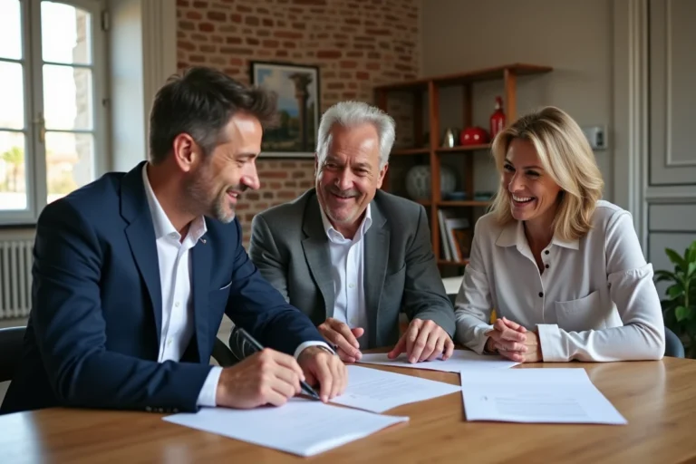 Agent immobilier avec couple dans appartement toulousain