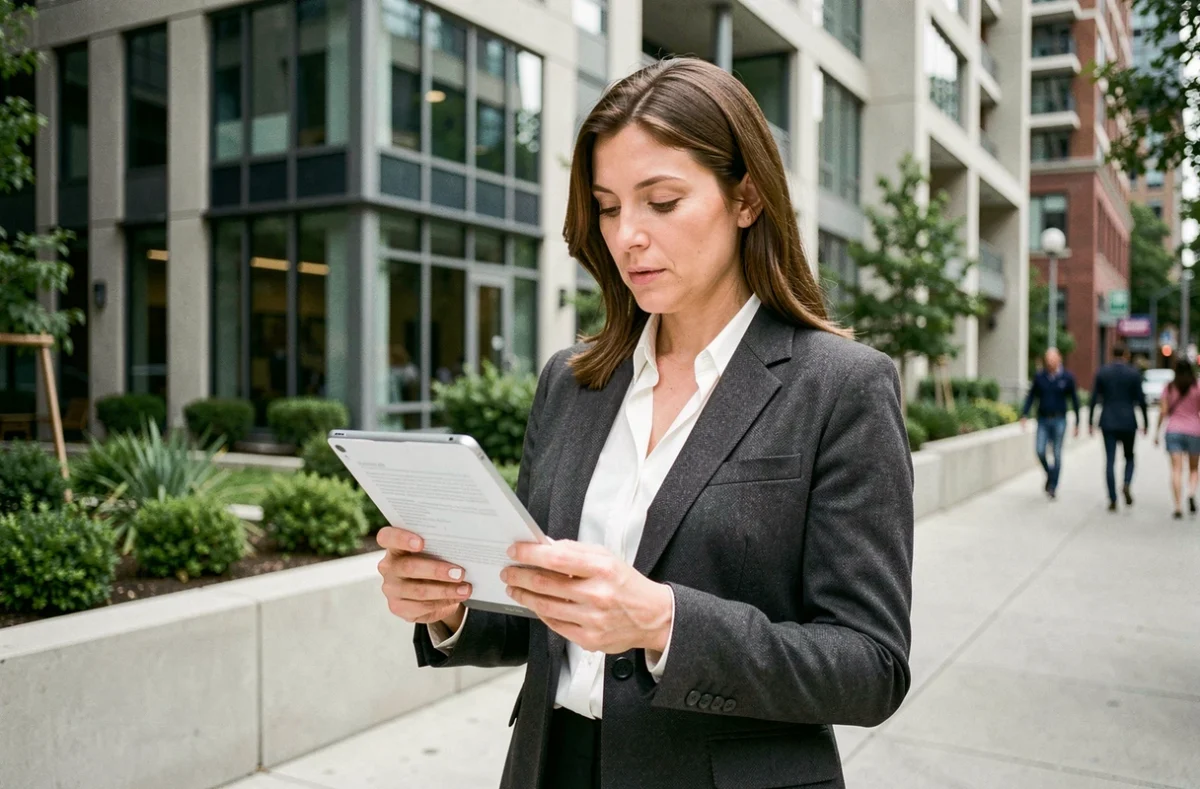 Agente immobilière analysant des documents devant un immeuble moderne en 2024