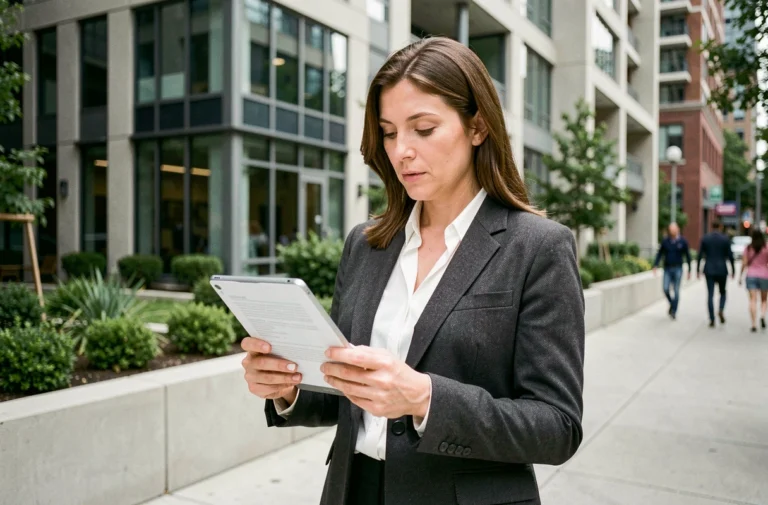 Agente immobilière analysant des documents devant un immeuble moderne en 2024