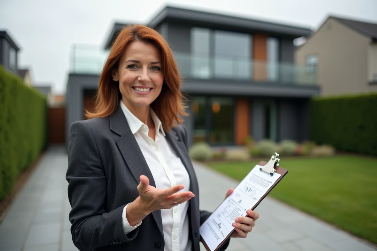Agente immobilière professionnelle devant une maison contemporaine tenant un dossier de présentation de bien