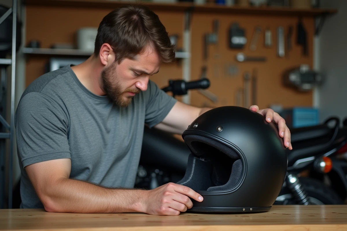 Homme ajustant les mousses intérieures d'un casque moto noir dans un garage, conseils pratiques pour casque trop serré