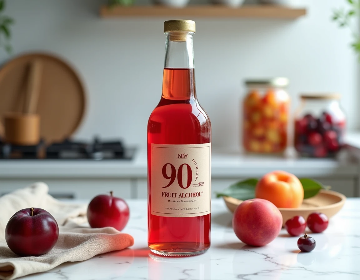 Bouteille d'alcool à 90° pour fruits Leclerc posée sur un comptoir en marbre blanc entourée de fruits frais comme des prunes et des cerises