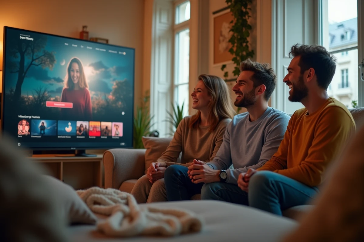 Trois amis riant devant une télévision à Paris