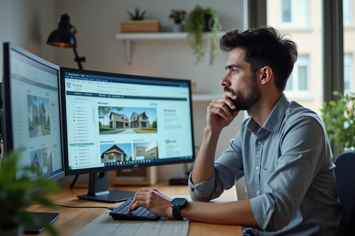 Homme analysant des données immobilières et des annonces de biens sur ordinateur dans un bureau minimaliste à domicile