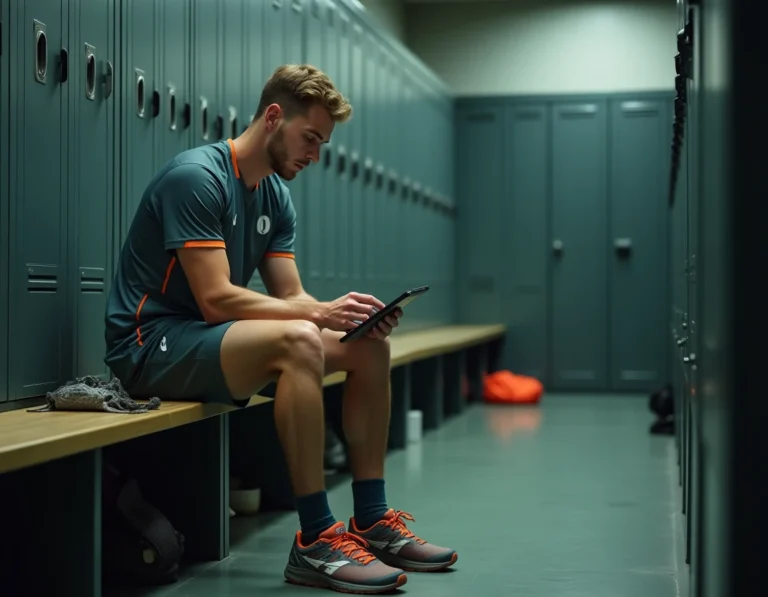 Athlète masculin consultant des statistiques sportives sur tablette dans un vestiaire après un match