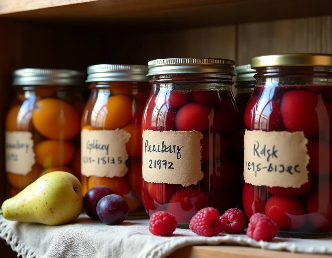 Rangée de bocaux de fruits macérés à l'alcool à 90° étiquetés à la main sur une étagère en bois dans un cellier traditionnel