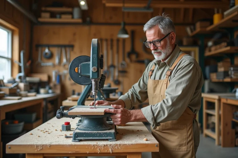Artisan bricoleur réglant l'angle de lame d'une scie radiale professionnelle dans un atelier de menuiserie bien équipé