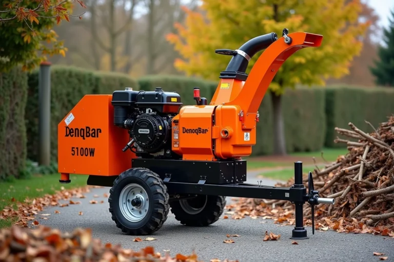 Broyeur de végétaux Denqbar 5100W positionné sur une allée en gravier entouré de branches coupées