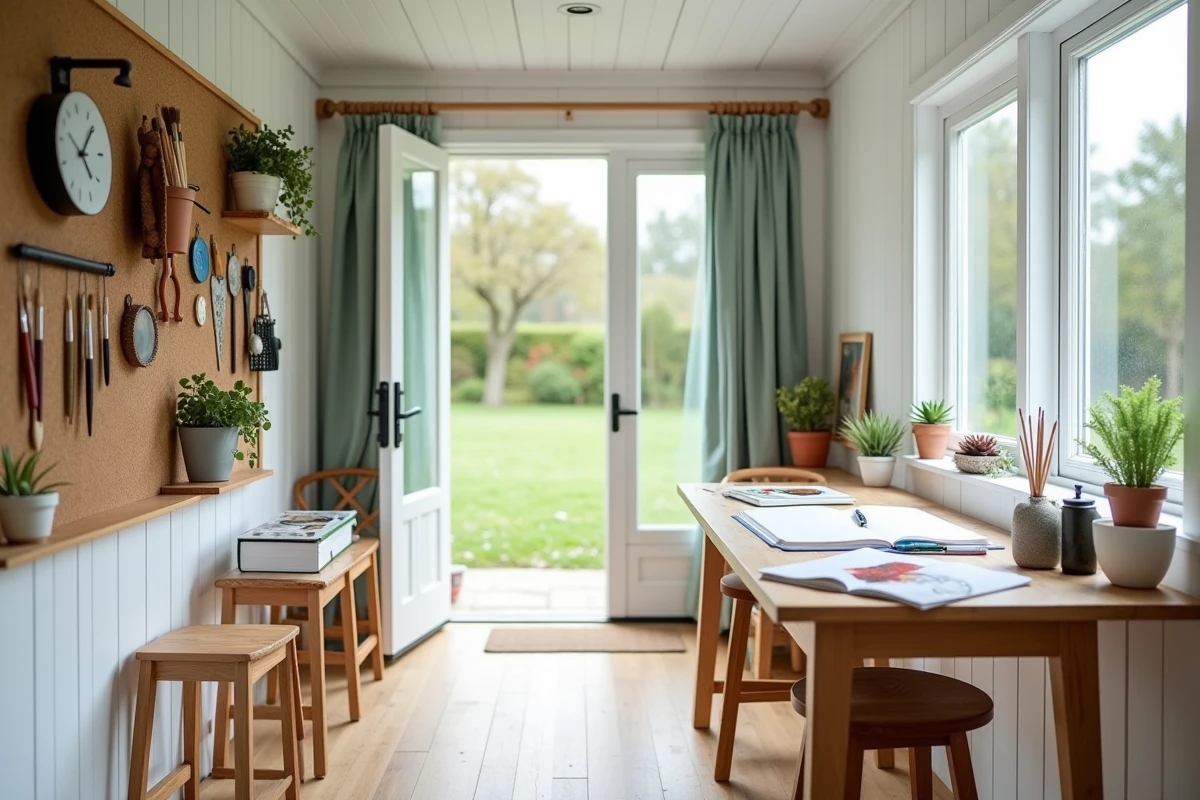 Cabane de jardin transformée en atelier créatif moderne avec table de travail, pegboard et grandes fenêtres