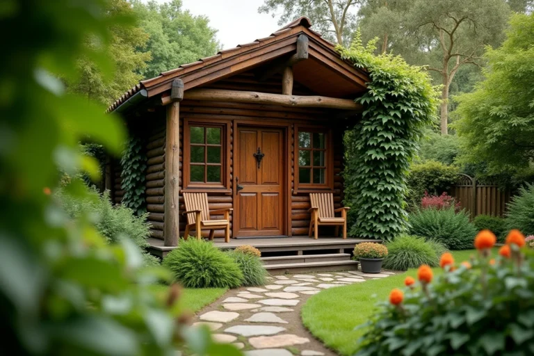 Cabane en bois dans un jardin verdoyant avec terrasse couverte et plantes grimpantes