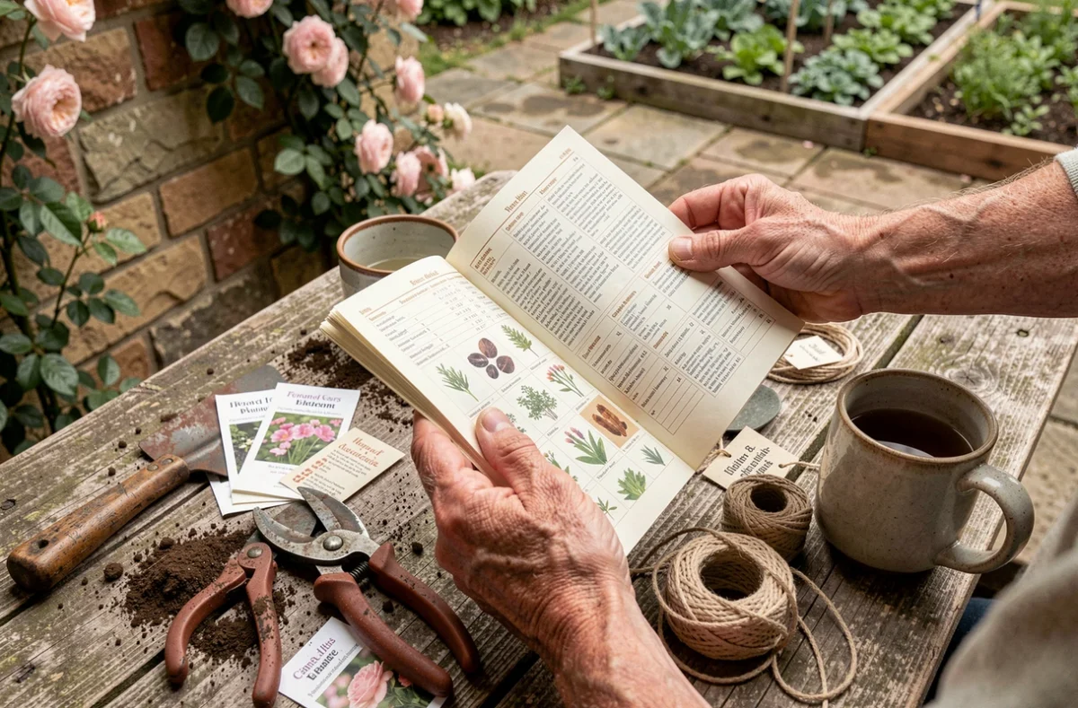 Mains d'un jardinier expérimenté feuilletant un catalogue de graines sur une table de jardin couverte d'outils
