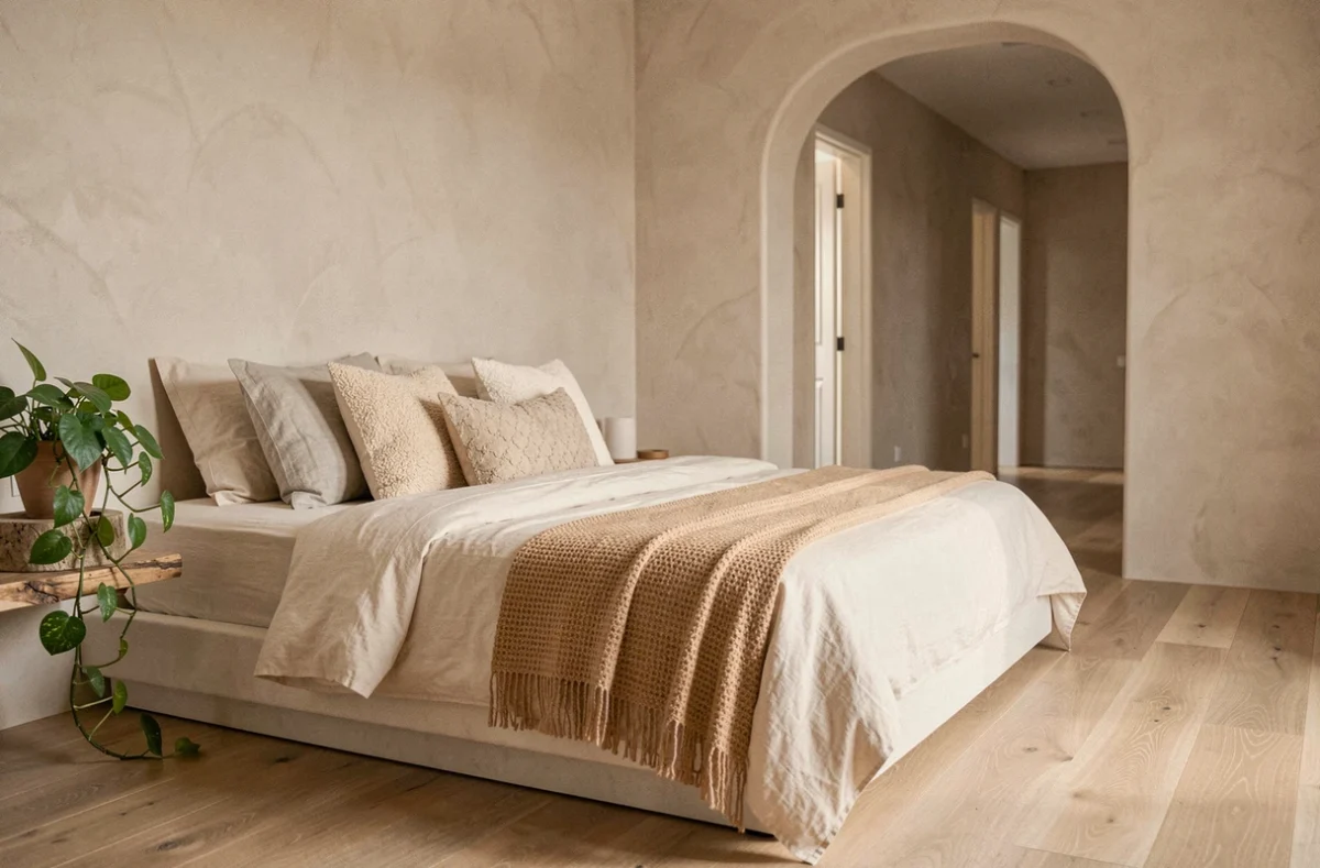 Chambre parentale minimaliste et chaleureuse avec literie en lin crème, mur en stuc argile et parquet en chêne clair
