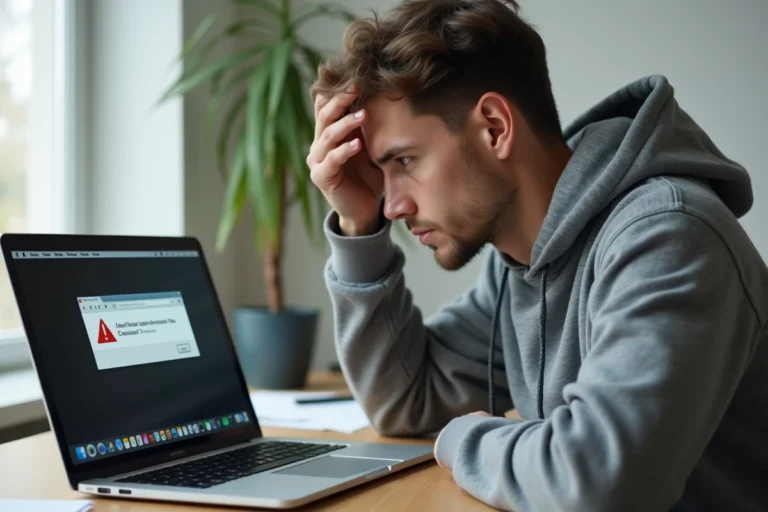 Homme frustré devant son ordinateur portable avec Chrome qui se ferme tout seul