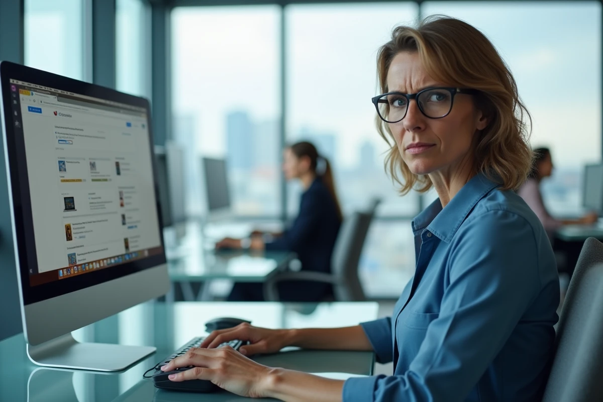 Femme au bureau face à un navigateur Chrome qui plante sur son ordinateur de bureau