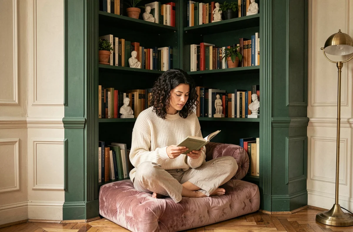 Femme lisant dans un coin lecture cosy avec bibliothèque encastrée vert forêt et coussin en velours rose poudré