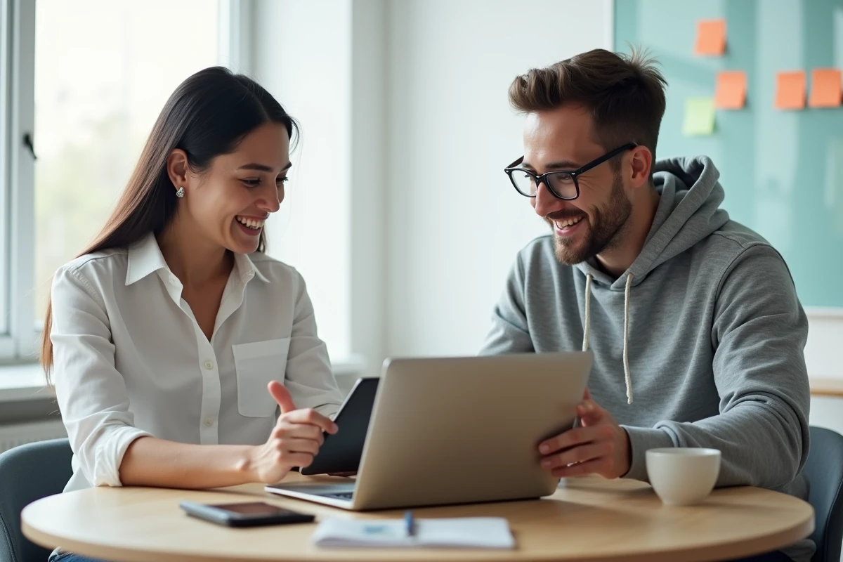 Deux collègues collaborant sur la gestion d'un site web avec une tablette et un ordinateur portable dans un bureau de startup