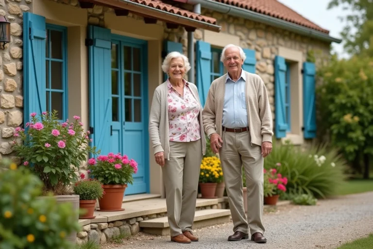 Couple agee devant maison en pierre en campagne
