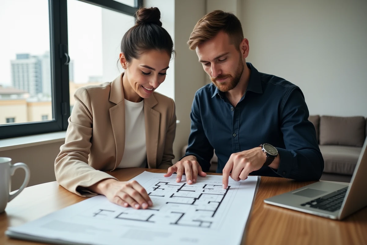 Couple étudiant des plans immobiliers et des documents de projet à une table en bois dans un appartement moderne