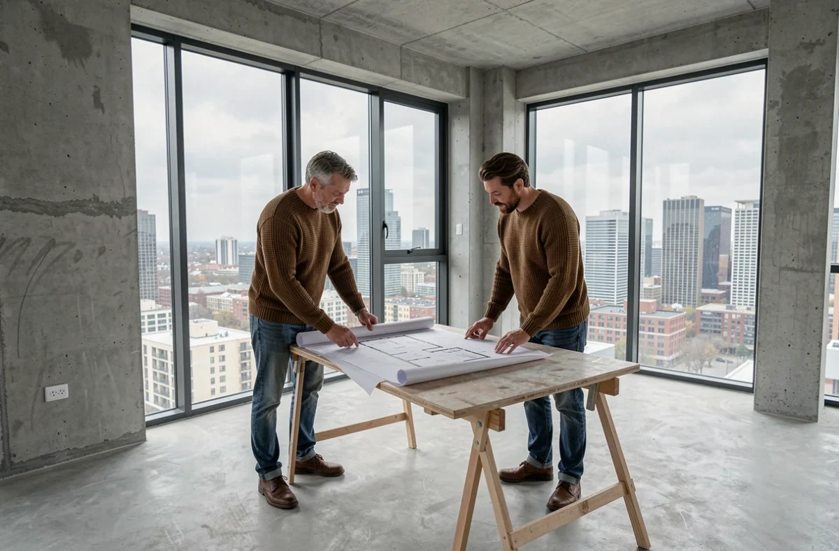 Couple visitant un appartement neuf avec vue sur la ville lors d'un achat immobilier