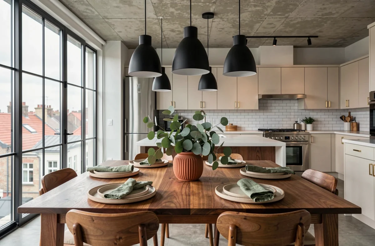 Cuisine et salle à manger ouverte au style industriel chaleureux avec table en noyer, vaisselle en grès et suspensions noires