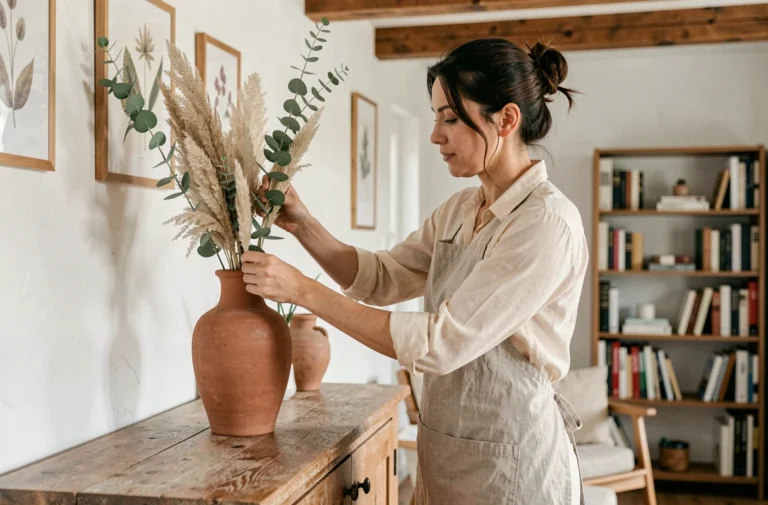Femme arrangeant un bouquet de pampa et d'eucalyptus dans un vase en terre cuite sur un buffet en chêne dans un salon scandinave