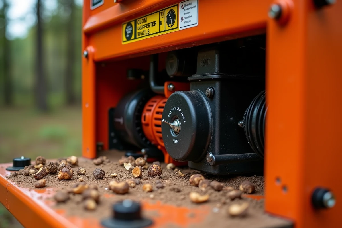 Détail du moteur et du panneau de commande du broyeur Denqbar 5100W avec copeaux de bois