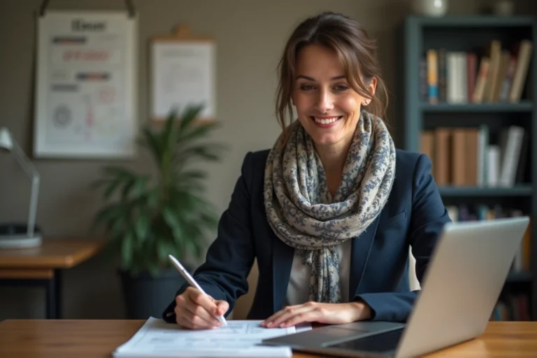 Professeure féminine en blazer vérifiant ses mails