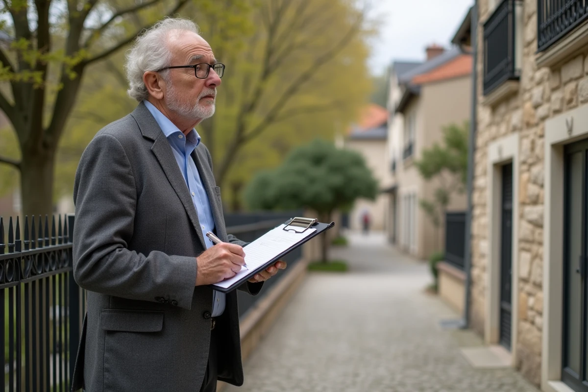 Expert immobilier évaluant la valeur d'une maison en pierre lors d'une estimation extérieure dans un quartier résidentiel français