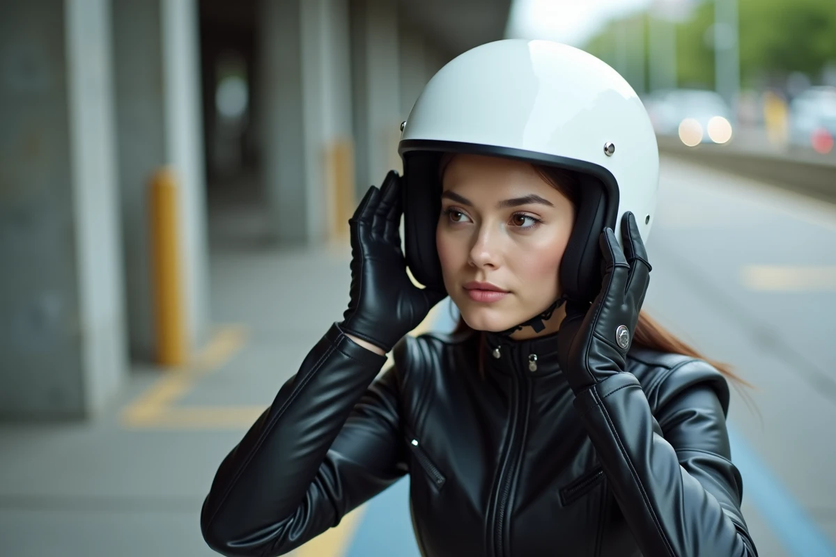 Femme ajustant un casque moto blanc avant de partir, conseils pour un casque trop serré en milieu urbain