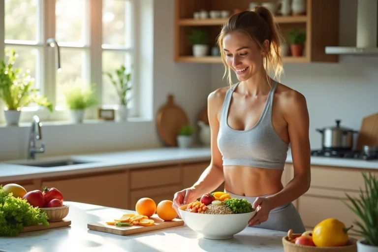 Femme préparant un bol de fruits et légumes frais dans une cuisine moderne pour une alimentation saine au quotidien