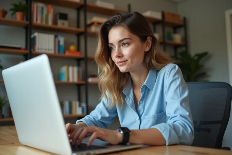 Jeune femme au bureau en train de se connecter sur son ordinateur