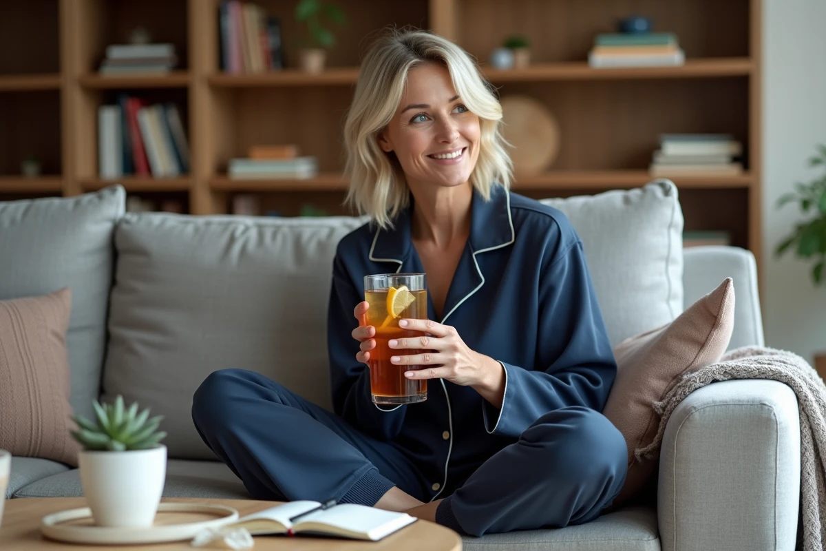Femme détendue sur un canapé avec un verre de Lulutox Detox Tea glacé et un journal intime