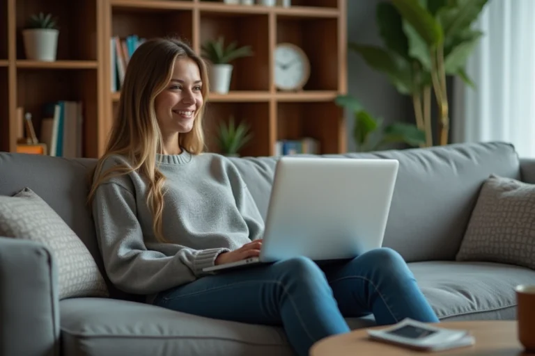 Jeune femme détendue regardant un film à la maison