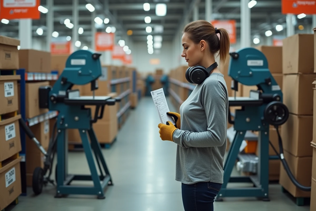 Femme comparant deux modèles de scies radiales dans un magasin de bricolage avant un achat éclairé