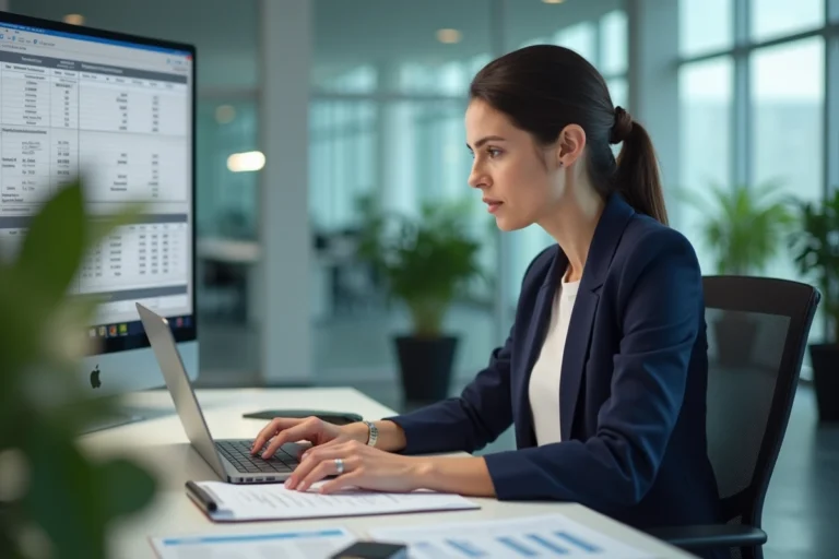 Femme comptable analysant des relevés financiers et des codes de compte sur un bureau professionnel