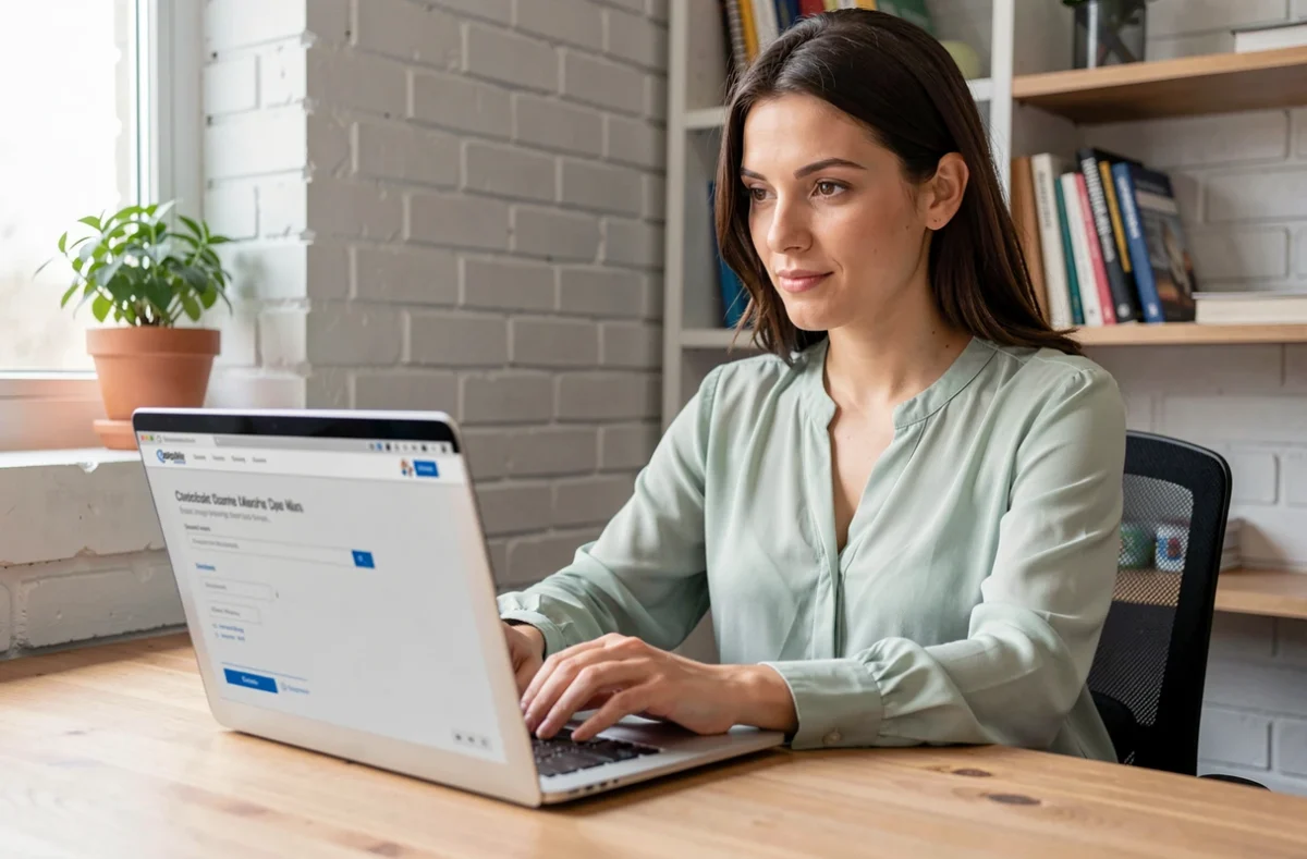 Femme en télétravail qui contacte un espace de coworking en ligne depuis son bureau à domicile