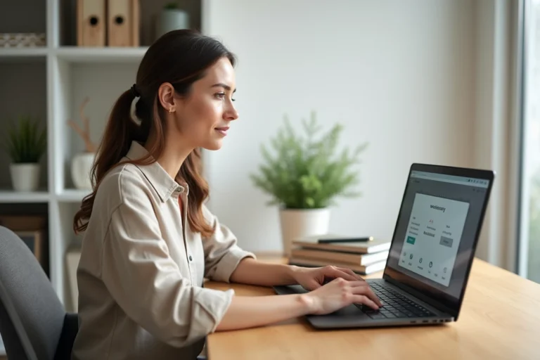 Femme en train de créer un site web avec un logiciel de conception intuitive sur un ordinateur portable dans un bureau à domicile moderne