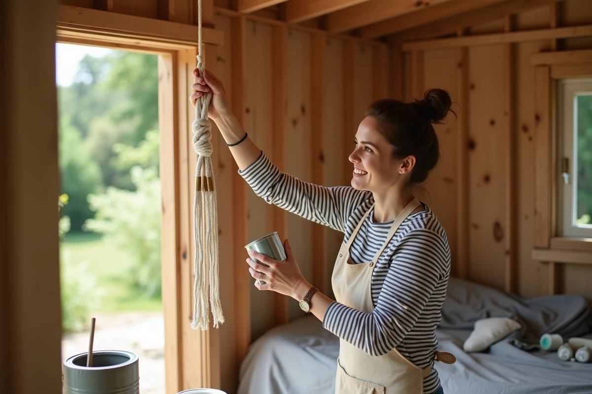 Femme décorant l'intérieur d'une cabane de jardin avec une suspension en macramé et des accessoires artisanaux