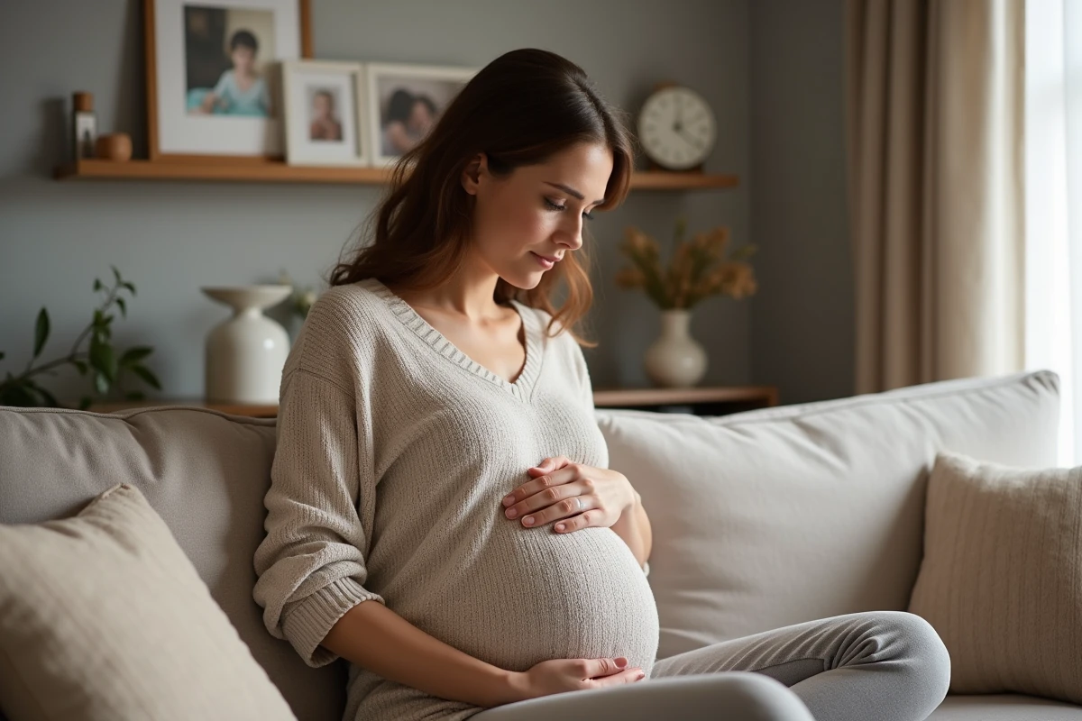 Femme enceinte assise sur un canapé dans un salon chaleureux
