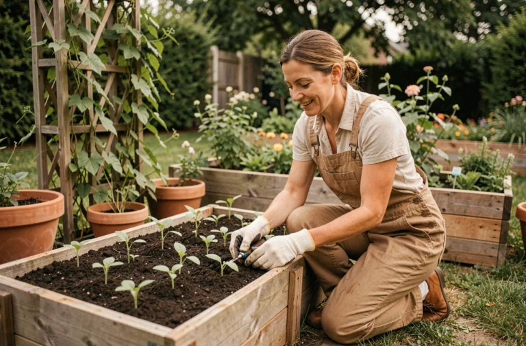 Femme jardiniére transplantant des semis dans un potager surélevé en bois dans un jardin suburban verdoyant