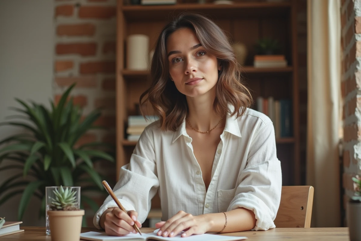 Jeune femme écrivant dans un journal de bien-être à son bureau en bois dans un cadre chaleureux pour prendre soin de sa santé mentale