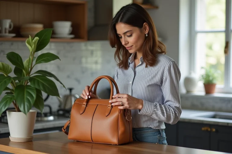 Femme élégante inspectant un sac à main de luxe dans la cuisine