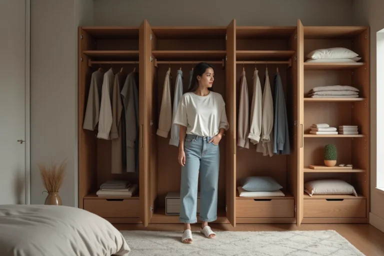 Femme choisissant une tenue dans un vestiaire organisé
