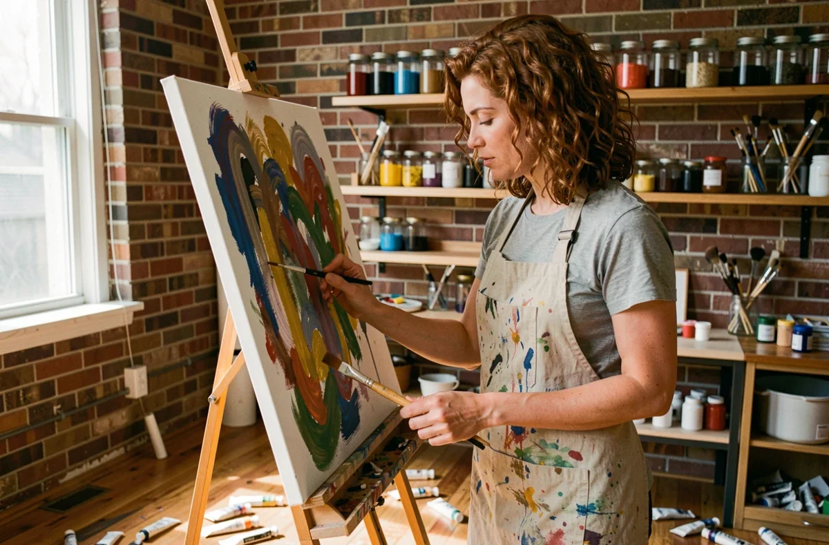 Femme peignant sur une toile dans un atelier artistique fait maison, idée de loisir créatif pour occuper son temps libre