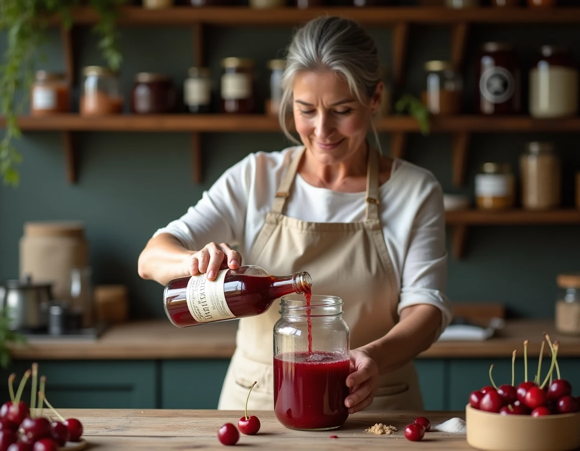 Femme versant de l'alcool à 90° pour fruits dans un bocal en verre rempli de cerises lors d'une préparation maison de conserves