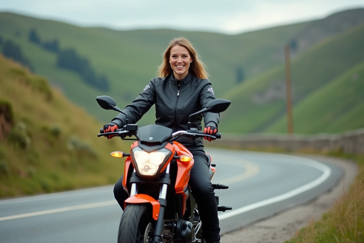 Femme souriante sur moto dans paysage rural verdoyant