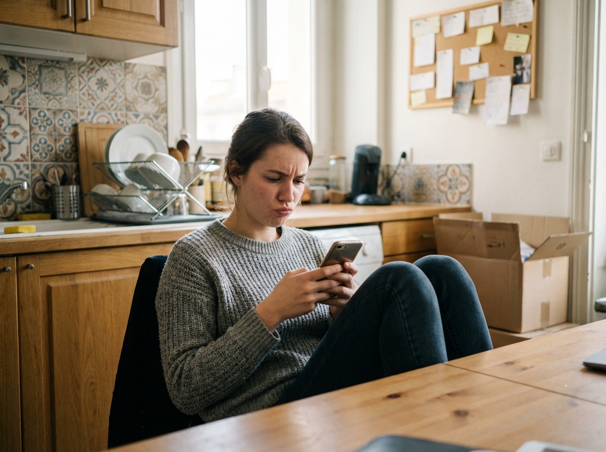 Jeune femme regardant son smartphone dans la cuisine