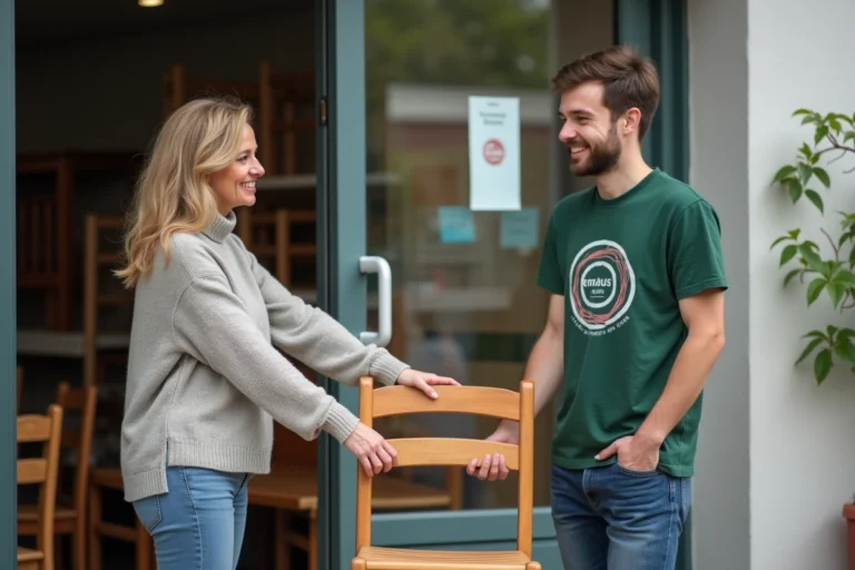 Femme souriante donnant une chaise en bois à un bénévole Emmaüs