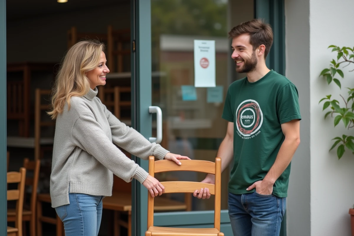 Femme souriante donnant une chaise en bois à un bénévole Emmaüs
